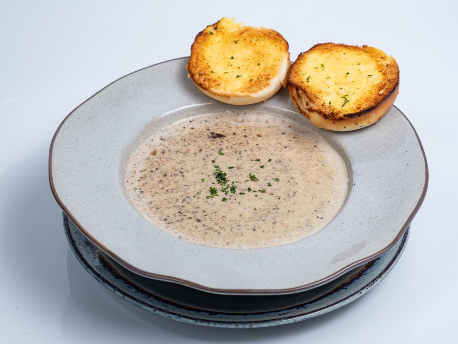 Mushroom Cream Soup served with garlic herb bread